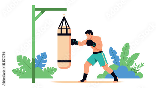 Boxing training scene with fighter and punching bag in outdoor setting