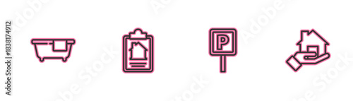Set line Bathtub, Parking, House contract and Realtor icon. Vector