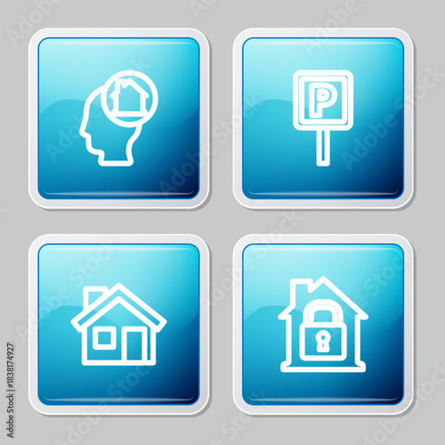 Set line Man dreaming about buying house, Parking, House and under protection icon. Vector