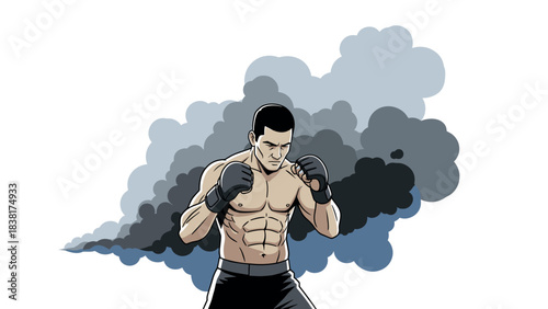 Boxing athlete in fighting stance with smoke effect for dynamic sport design