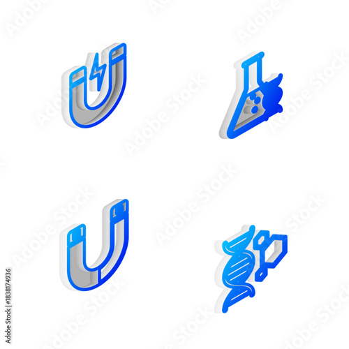 Set Isometric line DNA research, search, Magnet with lightning, and Genetic engineering icon. Vector