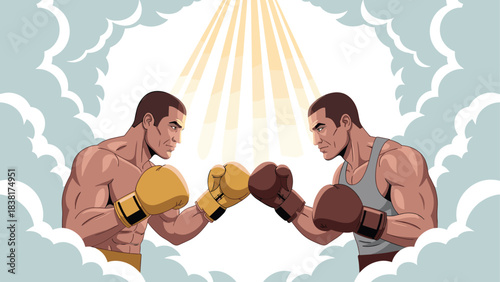 Epic boxing showdown between two men in the clouds highlighted by dramatic light beams