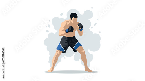 Boxing fighter in ready stance with smoke background illustration for sports design