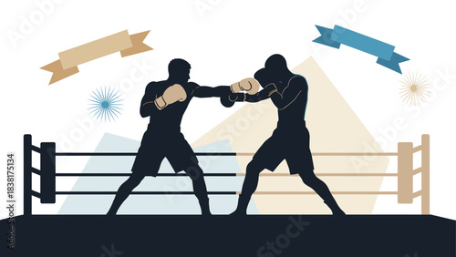 Boxing match silhouette with vintage banners and abstract background for sports design