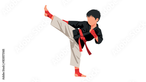 Martial arts fighter in action with high kick for sports design