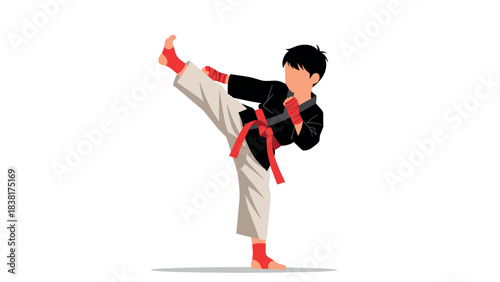 Martial arts enthusiast in karate uniform performing high kick for training and fitness motivation
