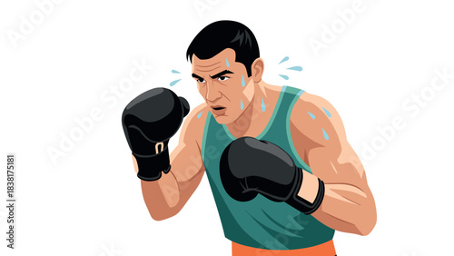Determined boxer in fighting stance with sweat drops for sports design and fitness motivation