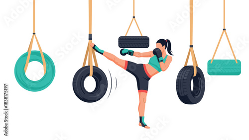 Woman practicing kickboxing with hanging tires in the gym for fitness and training concept
