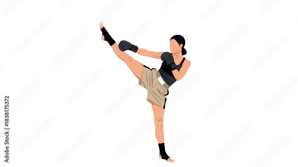 Fototapeta premium Female kickboxer in action with high kick for sports illustrations and fitness promotions