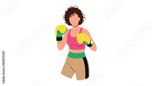 Female boxer illustration in pink top and yellow gloves for sports and fitness design