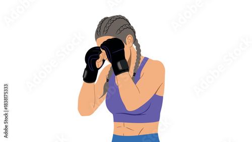 Female boxer with braids in defensive stance for athletic training and fitness inspiration
