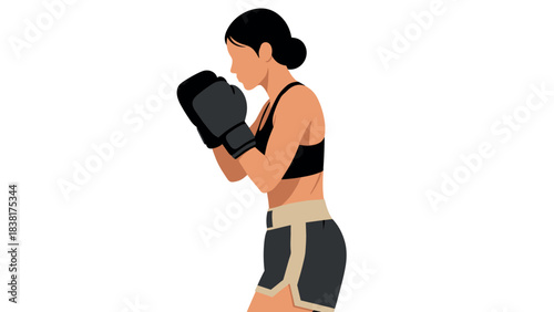 Female boxer in athletic stance for sports design and fitness promotion