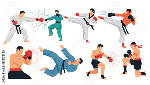 Martial arts competition illustration featuring karate, taekwondo, and boxing for sports design and promotion