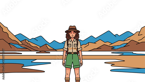 Adventurous explorer in mountainous landscape for travel poster illustration