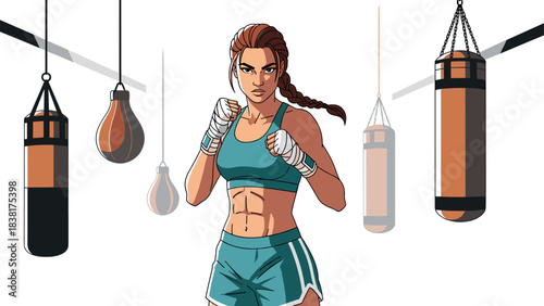 Fierce female boxer in training with punching bags for fitness poster or sports design