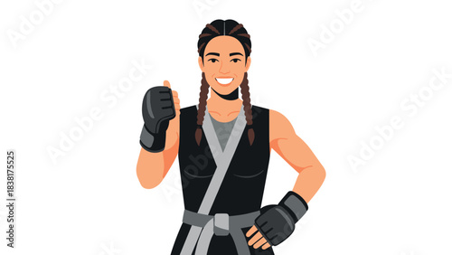 Cheerful female martial artist giving thumbs up gesture for motivation and fitness enthusiasm
