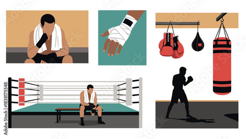 Boxing training and preparation scenes for athletic motivation and fitness design