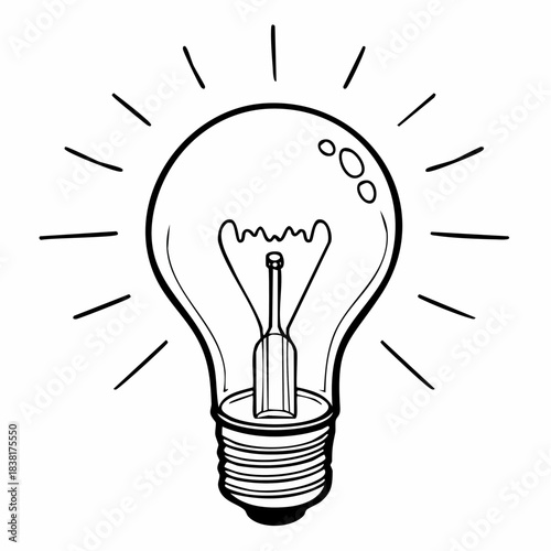 A simple and clear line drawing illustration of a traditional incandescent light bulb radiating light, symbolizing a bright idea, innovation, and inspiration