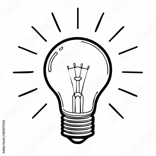 A classic incandescent light bulb illustration with radiating lines, symbolizing ideas and innovation in a simple, timeless design