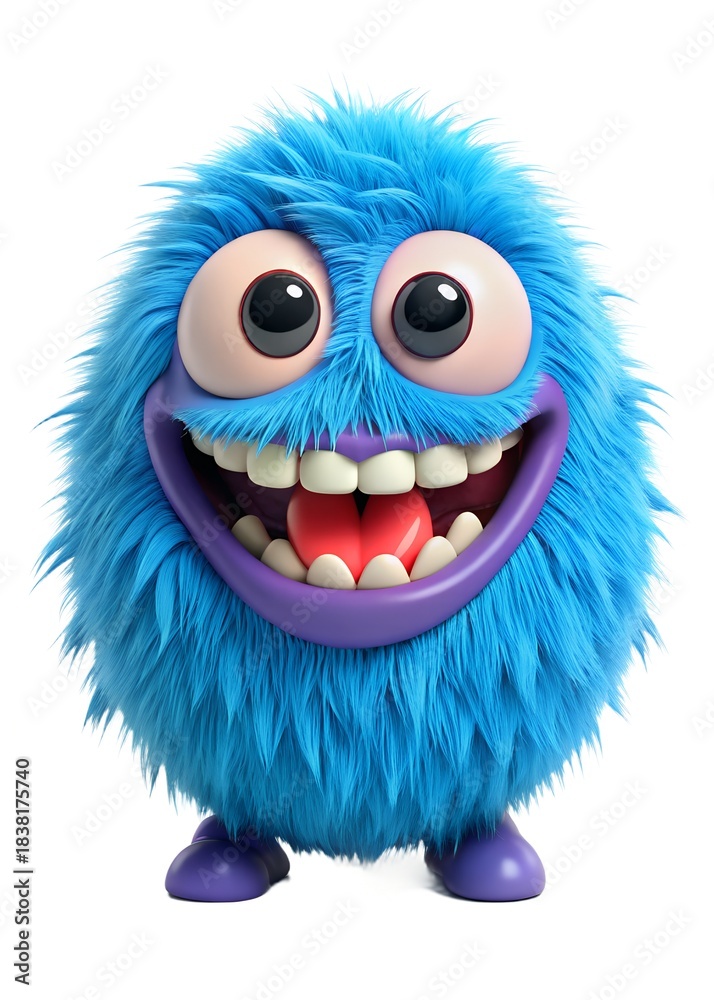 Fototapeta premium Charming fluffy blue monster character with a big smile and wide eyes isolated on white