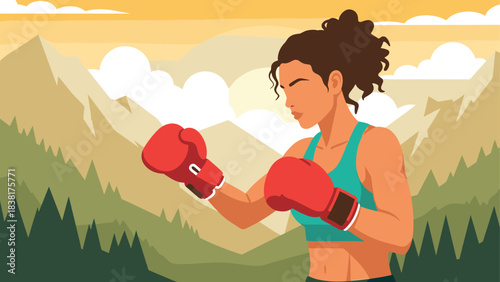Determined woman boxing in mountain landscape for fitness inspiration and motivation