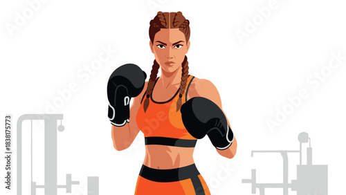 Female boxer in gym setting with gloves and braids for fitness motivation design