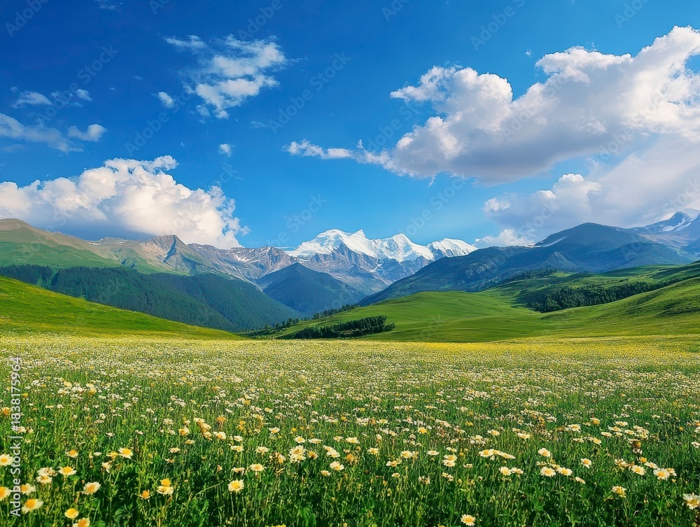 Fototapeta premium Lush Green Meadow With Snow-Capped Mountains Under Blue Sky