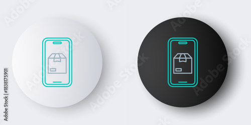 Line Mobile smart phone with app delivery tracking icon isolated on grey background. Parcel tracking. Colorful outline concept. Vector
