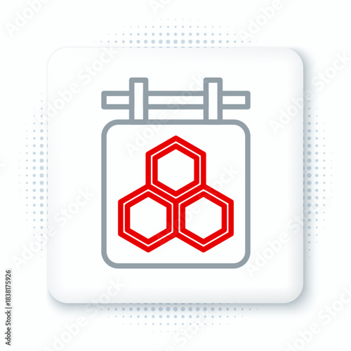 Line Hanging sign with honeycomb isolated on white background. Signboard icon. Honey cells symbol. Sweet natural food. Colorful outline concept. Vector