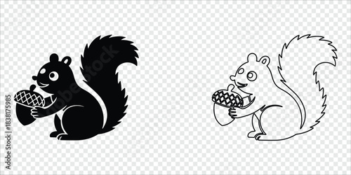 Squirrel Holding Pinecone Silhouette and Outline Pair, vector illustration