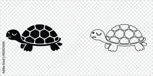 Sad and Happy Turtle Silhouette and Outline Pair, vector illustration