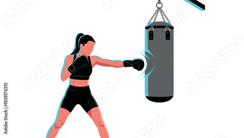 Female boxer training with punching bag for fitness and strength