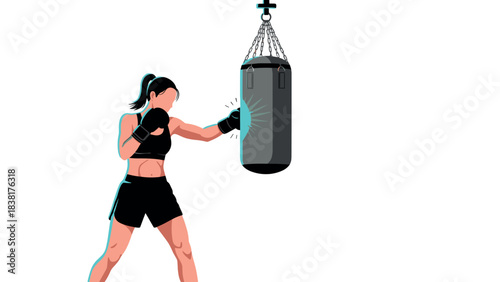 Female boxer training with punching bag - fitness, strength, and determination illustration