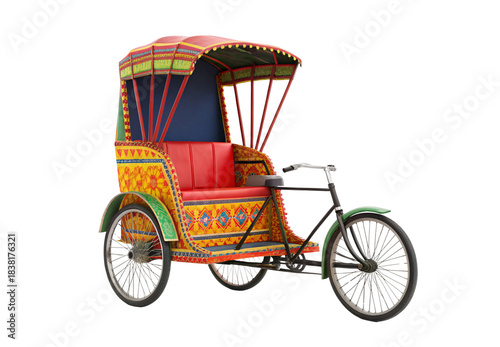 Colorful decorated cycle rickshaw with ornate canopy and red seating, isolated on a transparent background