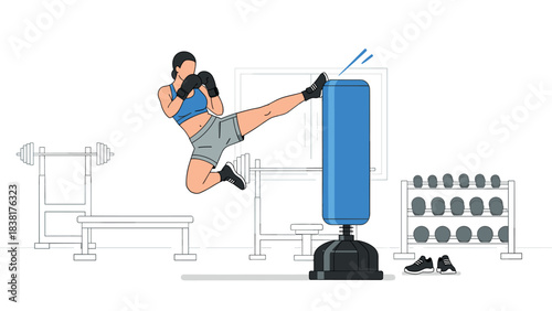 Female boxer practicing kickboxing with punching bag in gym setting for fitness motivation and training