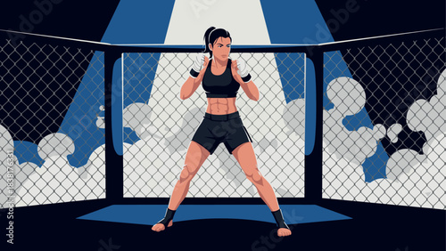 Female fighter in mma cage ready for battle - mixed martial arts scene for sports design