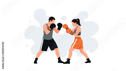 Boxing match illustration featuring male and female boxers in action for sports design