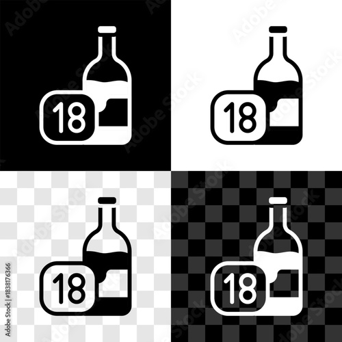 Set Wine bottle icon isolated on black and white, transparent background. Age limit for alcohol. Vector