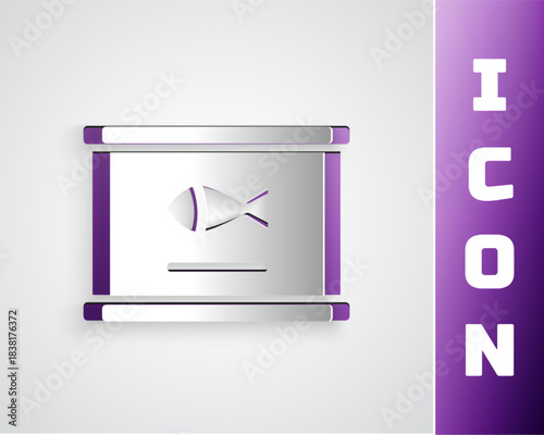 Paper cut Canned fish icon isolated on grey background. Paper art style. Vector