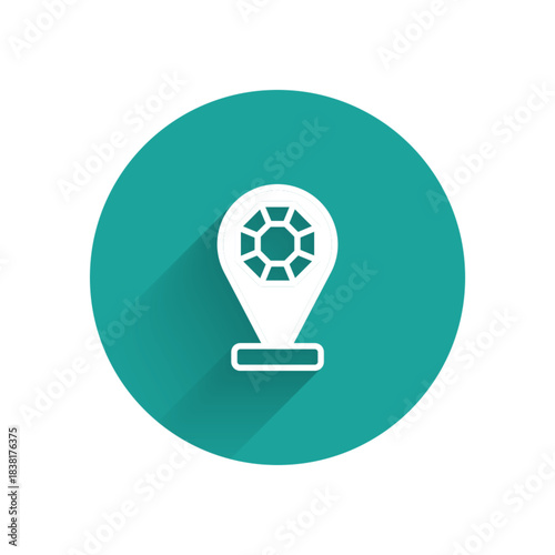 White Front facade building jewelry store icon isolated with long shadow background. Green circle button. Vector