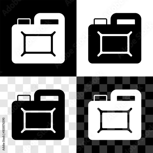 Set Canister for motor machine oil icon isolated on black and white, transparent background. Oil gallon. Oil change service and repair. Engine oil sign. Vector