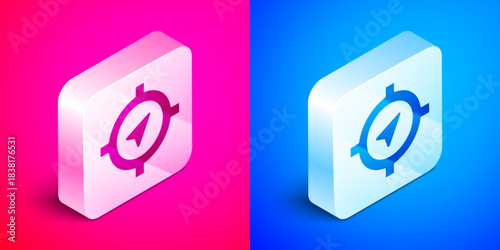 Isometric Compass icon isolated on pink and blue background. Windrose navigation symbol. Wind rose sign. Silver square button. Vector