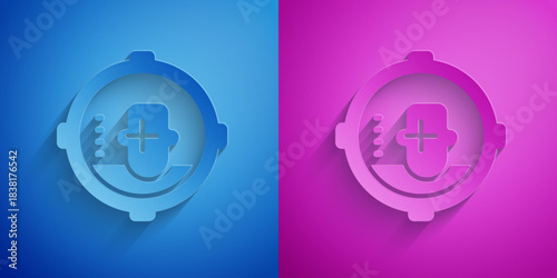 Paper cut Headshot icon isolated on blue and purple background. Sniper and marksman is shooting on the head of man, lethal attack, assault and assassination. Paper art style. Vector