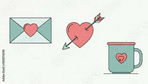 Flat minimalist graphic of envelope with heart, pierced heart arrow, and mug with heart displayed side by side
