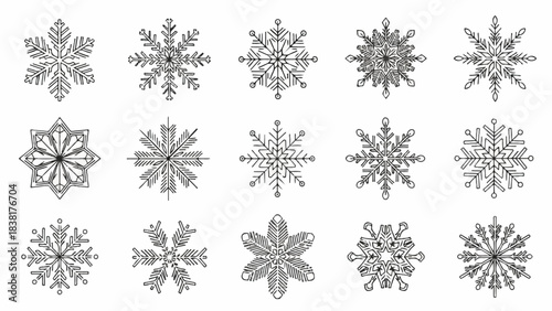Close-up view of twelve delicate gray snowflakes arranged in four symmetric rows on a clean white background