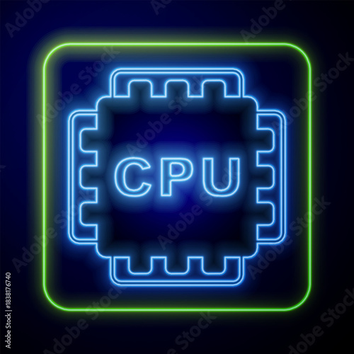 Glowing neon Computer processor with microcircuits CPU icon isolated on blue background. Chip or cpu with circuit board. Micro processor. Vector