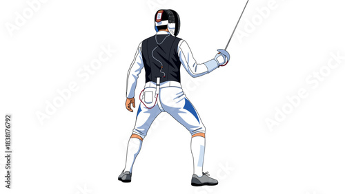 Fencing athlete in action with sword and protective gear - ideal for sports design, poster, or card