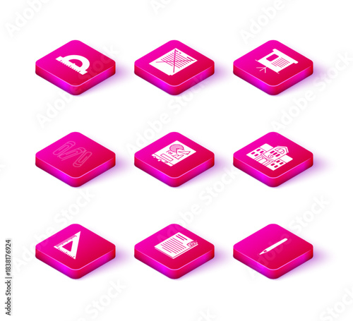 Set Triangular ruler, Paper, Board with graph chart, Pen, School building, Presentation financial board graph, schedule, diagram, infographic, pie and Exam incorrect answers survey icon. Vector