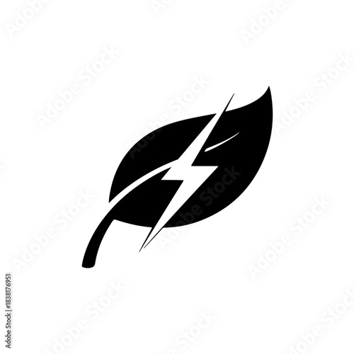 Black silhouette of a leaf with a lightning bolt inside, representing clean energy or ecofriendly power