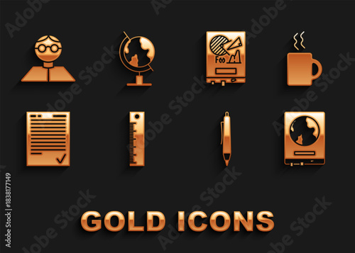 Set Ruler, Coffee cup, World map on a school blackboard, Pen, Exam sheet with check mark, Board graph chart, Student and Earth globe icon. Vector